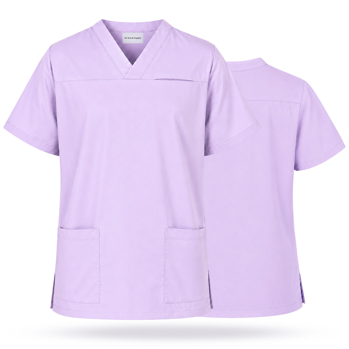 Uk Scrub Supply A light purple V-neck scrub top shown from both the front and back, featuring short sleeves, two front patch pockets, and side slits, set against a plain white background.