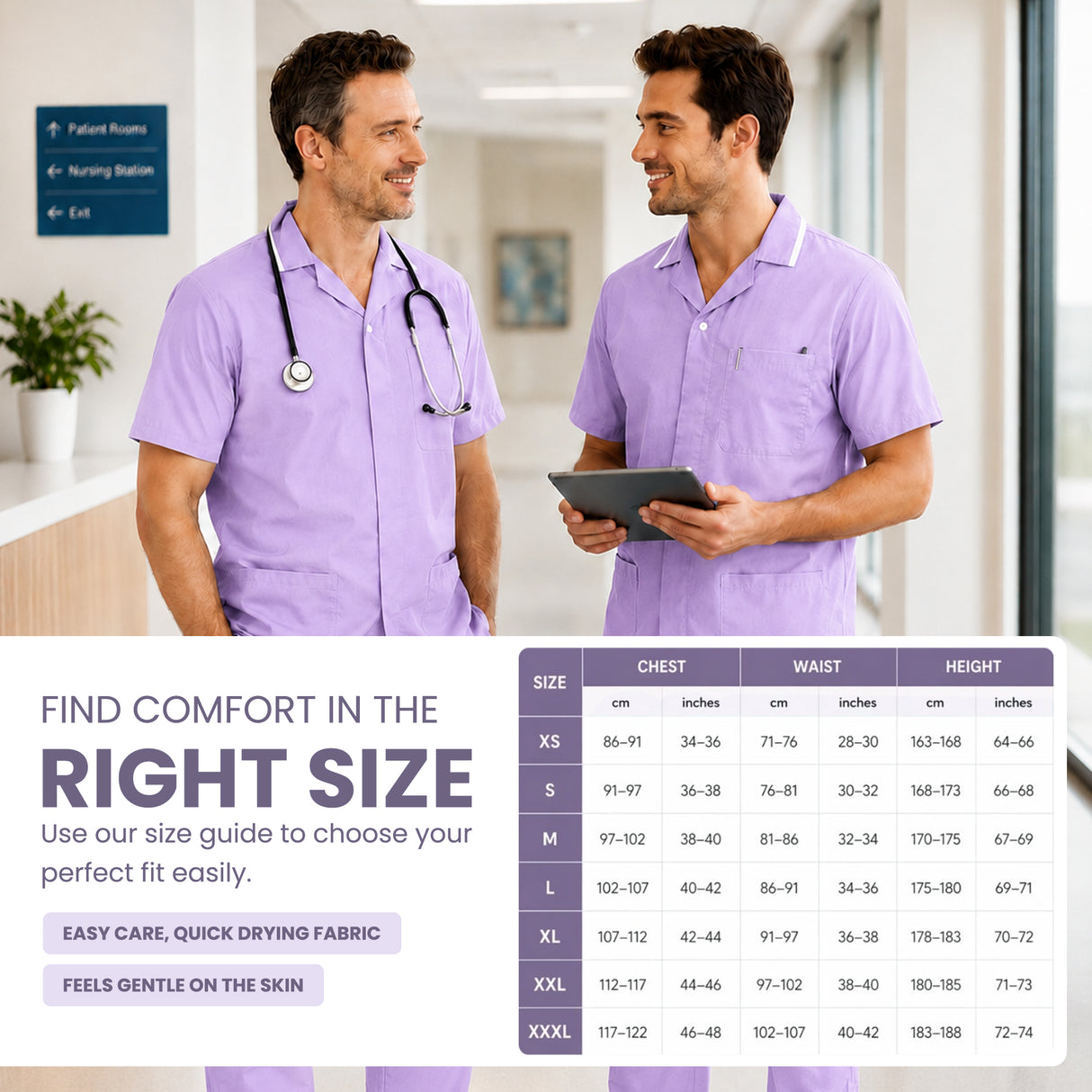 Uk Scrub Supply Two male healthcare workers in light purple scrub tops standing in a bright hospital corridor, with a size guide chart overlaid on the right and marketing text on the left.