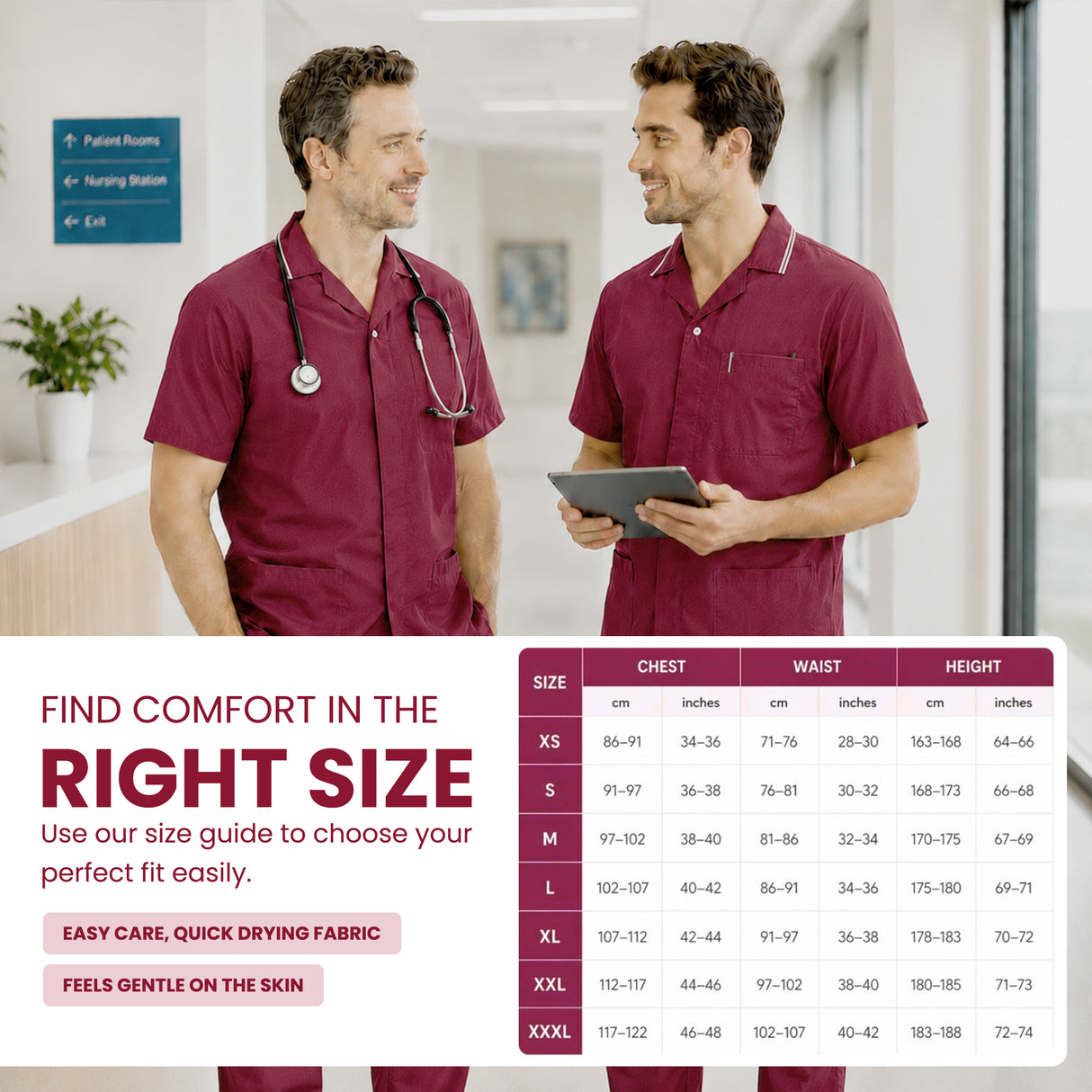 Uk Scrub Supply Two men wearing burgundy medical scrubs stand in a bright hospital hallway, with one holding a tablet. A size guide chart is shown on the right, and marketing text on the left reads 'Find Comfort in the Right Size' with options for easy care, quick drying fabric, and gentle on the skin.