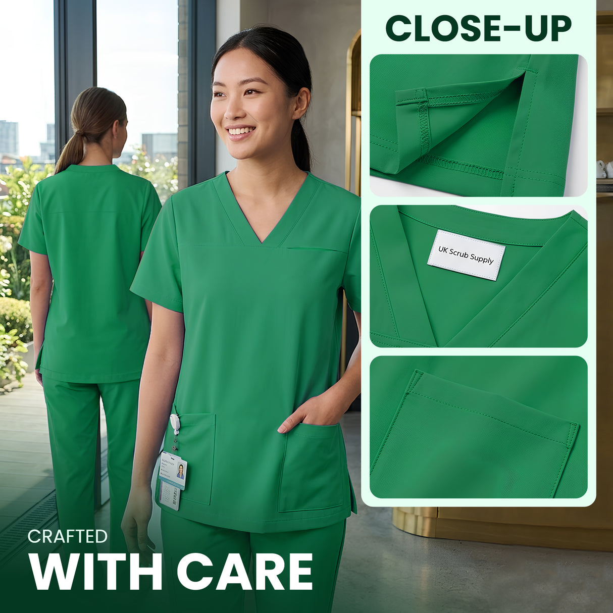 Uk Scrub Supply A woman wearing bright green V-neck scrub tops and matching scrub pants stands in a hospital-style room, with a back view inset on the left and three close-up detail panels on the right showing fabric, collar label, and pocket detail. Text reads 'CLOSE-UP' and 'CRAFTED WITH CARE.