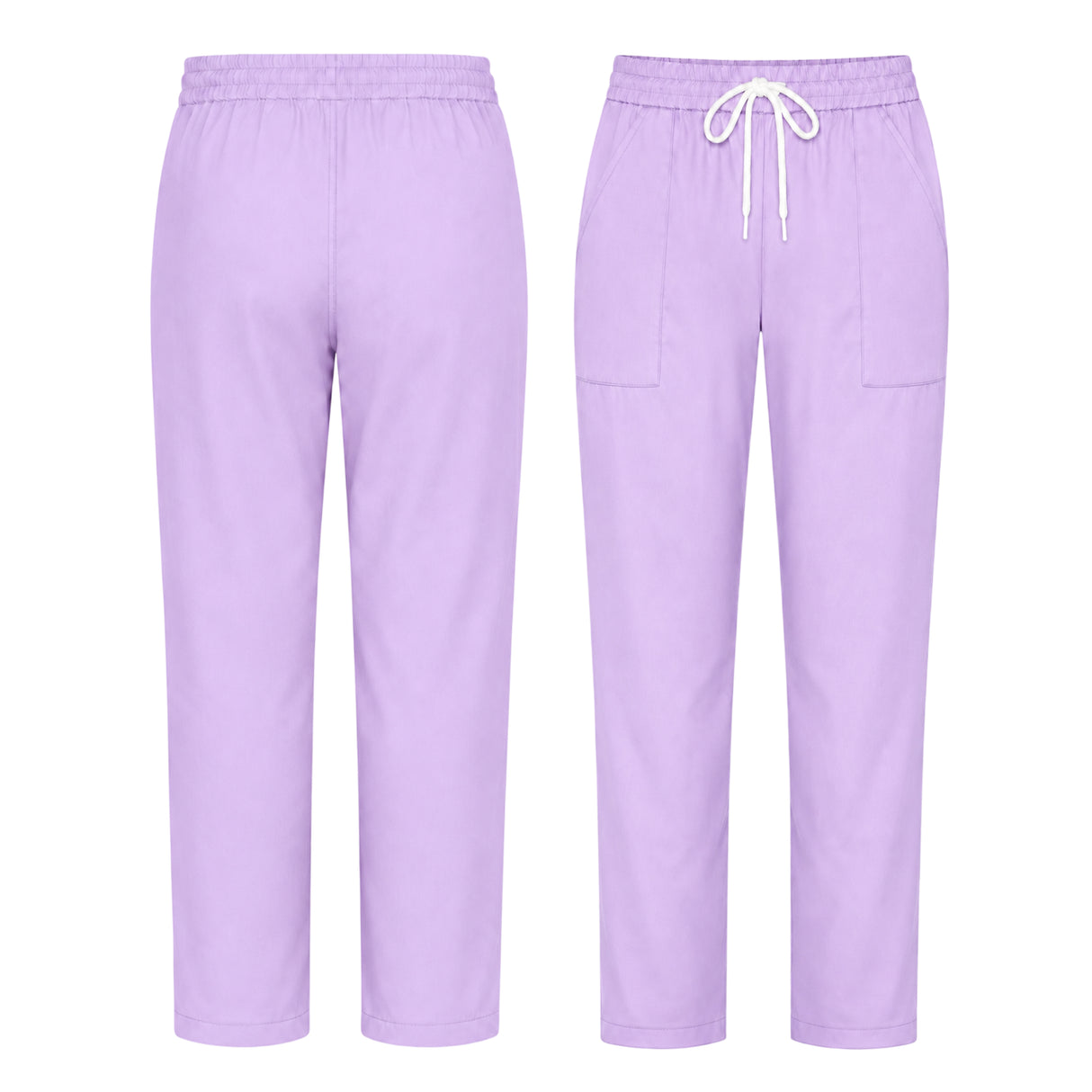 Uk Scrub Supply Front and back views of light purple scrub pants with an elastic waistband, white drawstring, and side pockets on a plain white background.