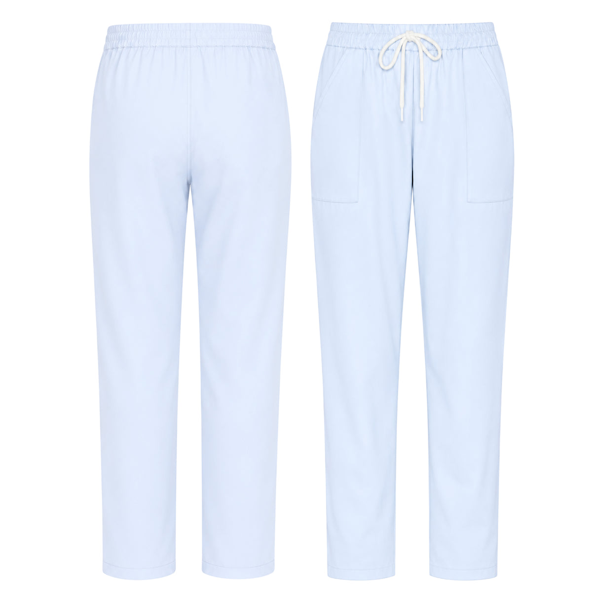 Uk Scrub Supply Light blue scrub pants shown from the back and front, featuring an elastic waistband, white drawstring, and side pockets on a plain white background.