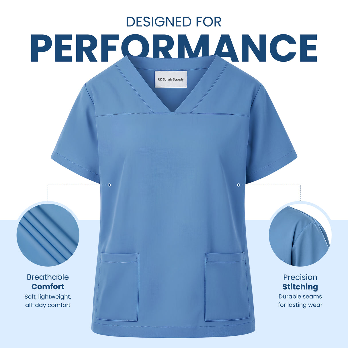 Uk Scrub Supply Light blue V-neck scrub top with two front pockets, shown on a white background with marketing text reading 'DESIGNED FOR PERFORMANCE' and callout circles highlighting breathable comfort and precision stitching.