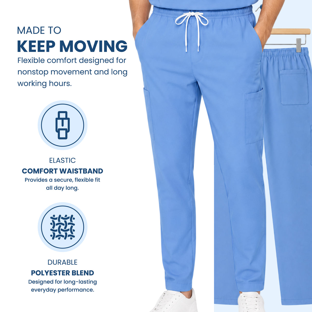 Uk_Scrub_Supply_Blue_Color_Scrub_TrouserLight blue scrub pants with a white drawstring waist and side pockets, shown on a model with matching scrub top partially visible. Text callouts describe comfort, elastic waistband, and durable polyester blend.