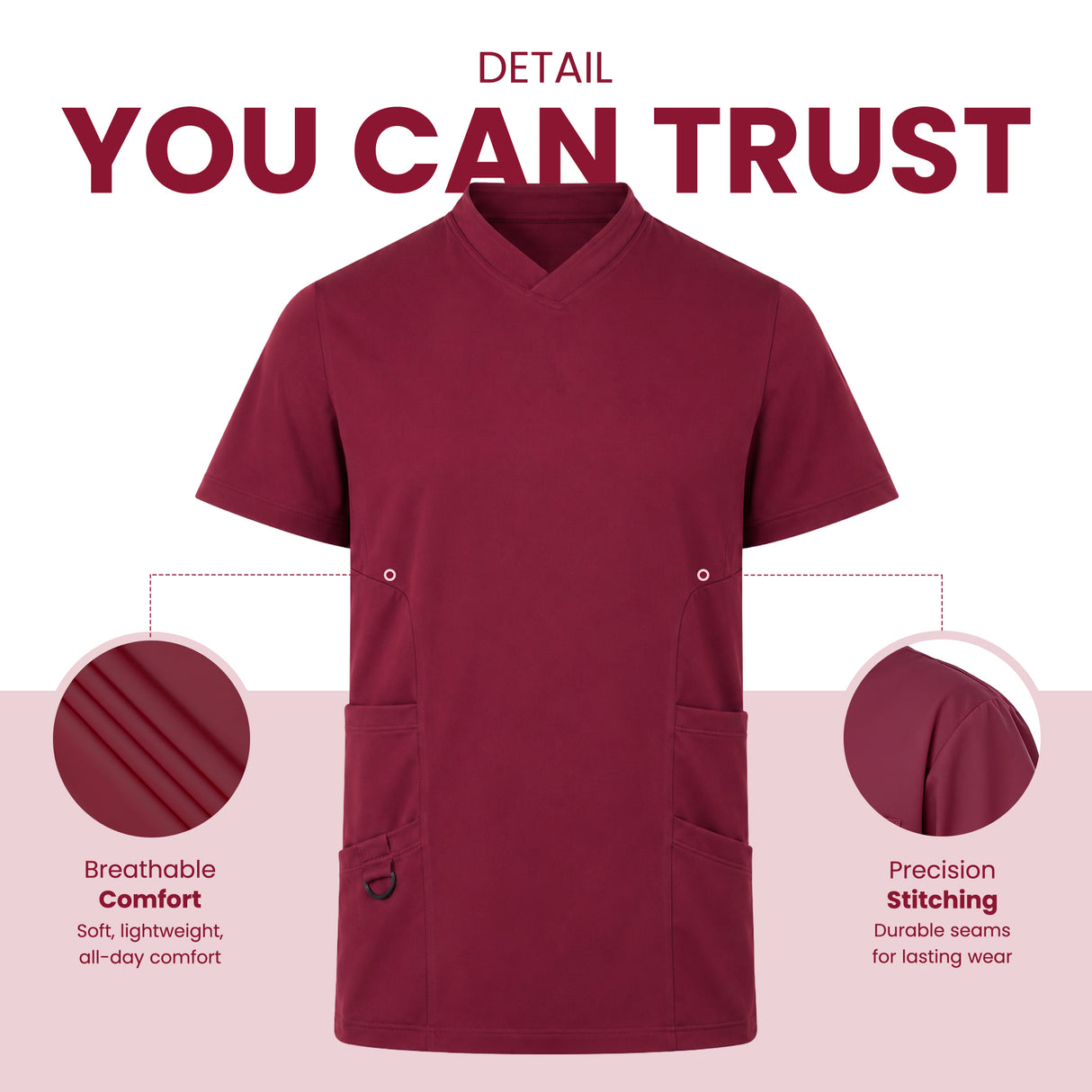 A burgundy V-neck scrub top shown on a white and pale pink graphic background with marketing text reading 'DETAIL YOU CAN TRUST' and two circular detail callouts highlighting breathable comfort and precision stitching.