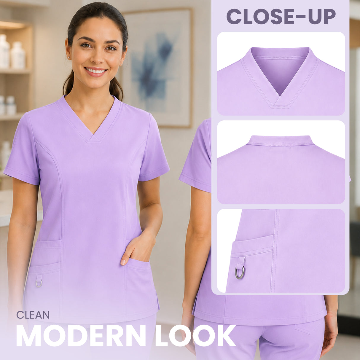 A woman wearing light purple V-neck scrub tops is shown in a clean indoor setting, with a close-up inset panel on the right highlighting the collar, front, and pocket details. Text on the image reads 'CLEAN MODERN LOOK' and 'CLOSE-UP'.