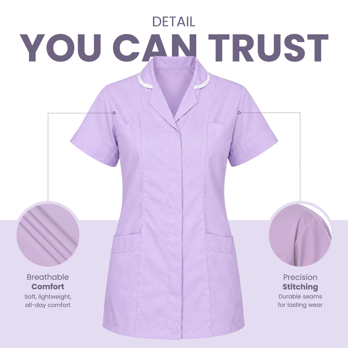 A light purple short-sleeve medical scrub top shown on a white background with marketing text reading 'DETAIL YOU CAN TRUST' and two circular inset detail callouts highlighting breathability and stitching.Women’s Medical Tunic Nursing & Healthcare Uniform UK scrub tops
scrubs clothing
nursing scrubs
medical uniforms
scrubs for sale
work scrubs
buy medical uniforms
female scrub tops
order scrubs
scrubs to purchase
cheap scrub tops
cotton scrubs uk
scrubs top
clothing scrubs
dental workwear
for sale scrubs