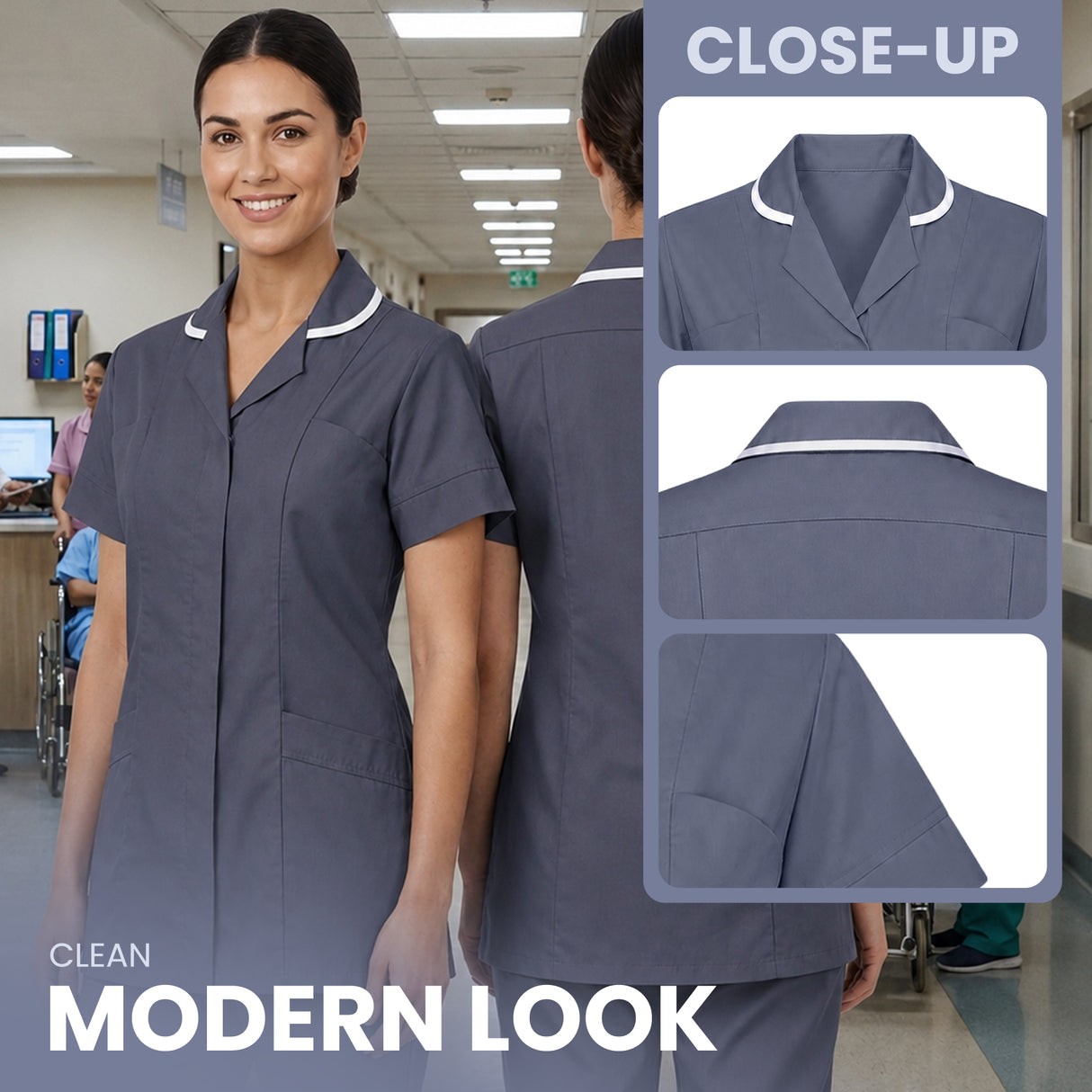 A woman wearing a dark gray short-sleeve scrub top in a hospital hallway, shown from the front and back with close-up detail panels on the right. Text reads 'CLEAN MODERN LOOK' and 'CLOSE-UP'. Women’s Medical Tunic Nursing & Healthcare Uniform UK scrub tops
scrubs clothing
nursing scrubs
medical uniforms
scrubs for sale
work scrubs
buy medical uniforms
female scrub tops
order scrubs
scrubs to purchase
cheap scrub tops
cotton scrubs uk
scrubs top
clothing scrubs
dental workwear
for sale scrubs