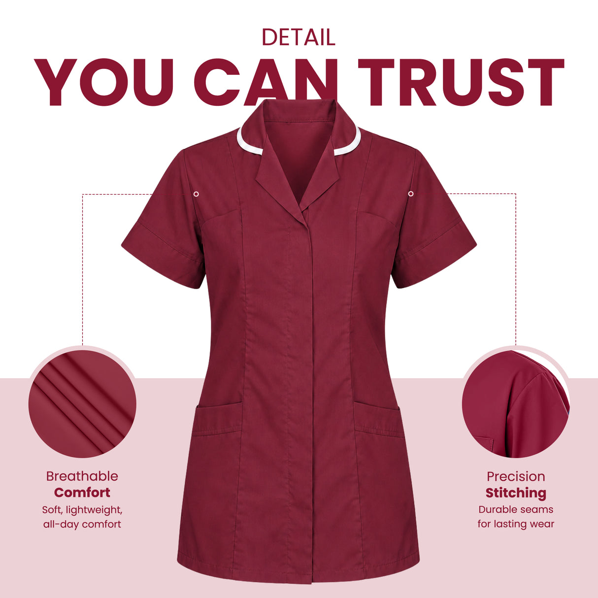 A burgundy short-sleeve scrub top shown on a white and pale pink graphic background with marketing text reading 'DETAIL YOU CAN TRUST' and two circular detail callouts highlighting breathability and stitching. Women’s Medical Tunic Nursing & Healthcare Uniform UK scrub tops
scrubs clothing
nursing scrubs
medical uniforms
scrubs for sale
work scrubs
buy medical uniforms
female scrub tops
order scrubs
scrubs to purchase
cheap scrub tops
cotton scrubs uk
scrubs top
clothing scrubs
dental workwear
for sale scru