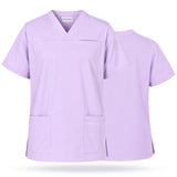 Uk Scrub Supply A light purple V-neck scrub top shown from both the front and back, featuring short sleeves, two front patch pockets, and side slits, set against a plain white background.