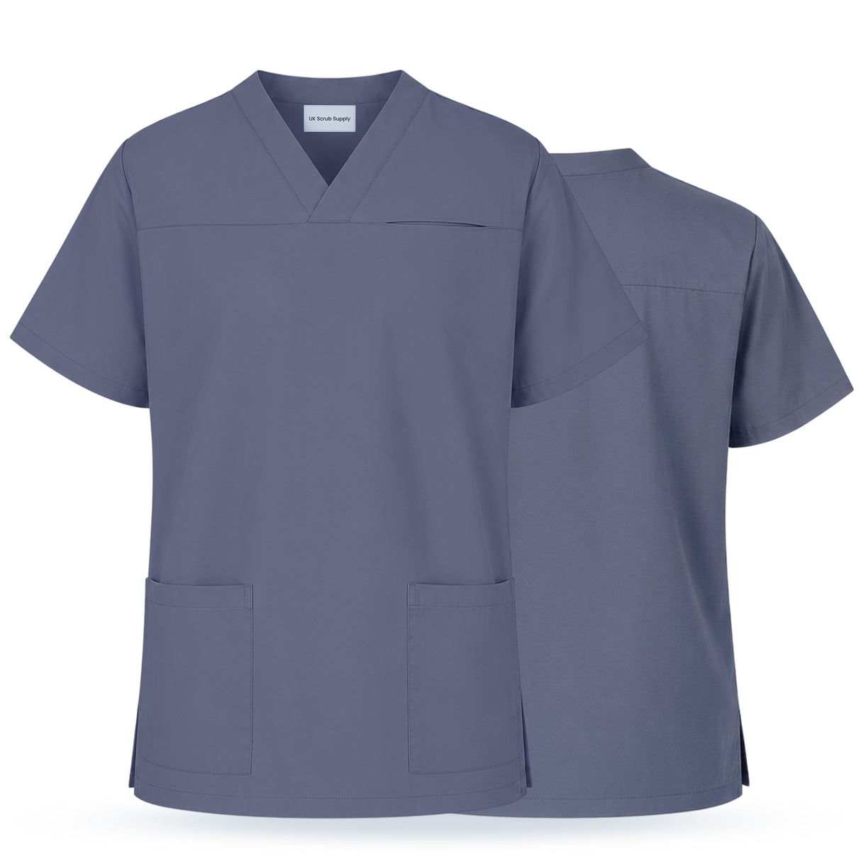 Uk Scrub Supply A slate blue V-neck scrub top shown from the front and back on a clean white background.