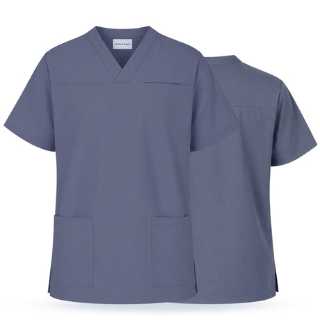 Uk Scrub Supply A slate blue V-neck scrub top shown from the front and back on a clean white background.