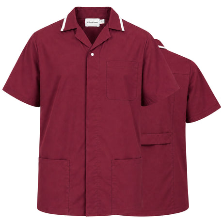 Uk Scrub Supply burgundy short-sleeve scrub top shown from the front, with a second view of the same garment behind it to show the back or layered presentation. The scrub top has a pointed collar with white piping, a button front, one chest pocket, and two large front patch pockets.