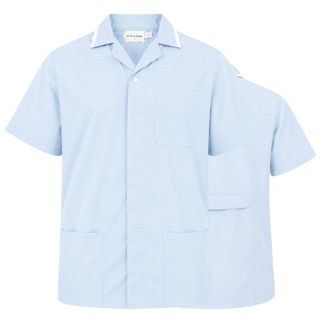 uk scrub supply A light blue short-sleeve scrub top with a pointed collar, button front, and three front pockets, shown on a plain white background with a second view layered behind it.
