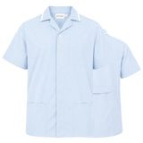 uk scrub supply A light blue short-sleeve scrub top with a pointed collar, button front, and three front pockets, shown on a plain white background with a second view layered behind it.