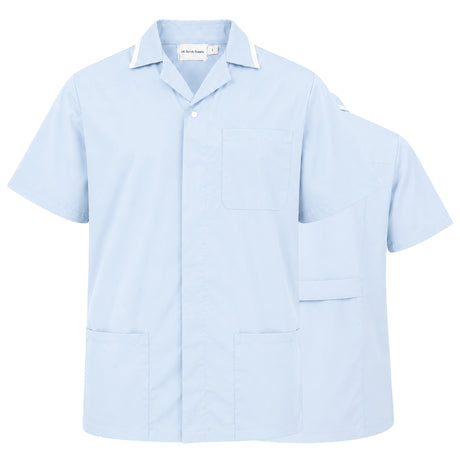 uk scrub supply A light blue short-sleeve scrub top with a pointed collar, button front, and three front pockets, shown on a plain white background with a second view layered behind it.