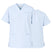 Uk Scrub Supply A light blue V-neck scrub top shown from both the front and back, featuring short sleeves, two front patch pockets, and side slits, set against a plain white background.