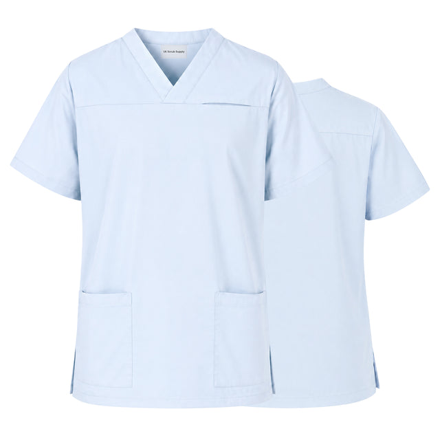 Uk Scrub Supply A light blue V-neck scrub top shown from both the front and back, featuring short sleeves, two front patch pockets, and side slits, set against a plain white background.