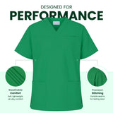 Uk Scrub Supply Green V-neck scrub top shown on a white background with marketing text reading 'DESIGNED FOR PERFORMANCE' and two circular detail callouts highlighting breathability and stitching.