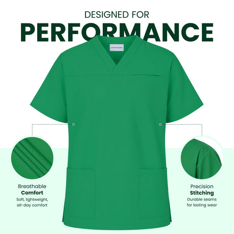 Uk Scrub Supply Green V-neck scrub top shown on a white background with marketing text reading 'DESIGNED FOR PERFORMANCE' and two circular detail callouts highlighting breathability and stitching.