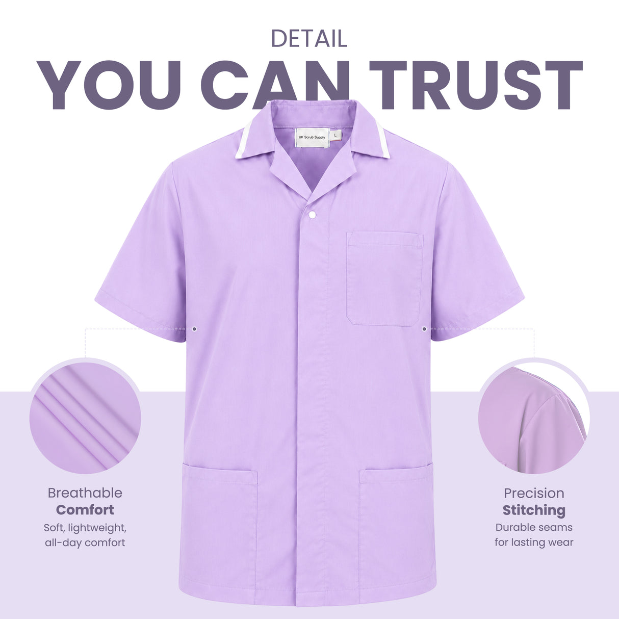 Uk scrub supply light purple short-sleeve button-front work shirt with a chest pocket and two lower patch pockets, shown on a white background with marketing text and two circular detail callouts highlighting breathability and stitching.