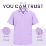 Uk scrub supply light purple short-sleeve button-front work shirt with a chest pocket and two lower patch pockets, shown on a white background with marketing text and two circular detail callouts highlighting breathability and stitching.