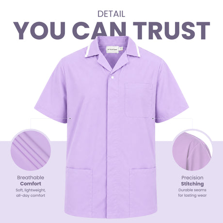 Uk scrub supply light purple short-sleeve button-front work shirt with a chest pocket and two lower patch pockets, shown on a white background with marketing text and two circular detail callouts highlighting breathability and stitching.