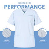 Uk Scrub Supply A light blue V-neck scrub top centered on a white and blue promotional graphic with the headline 'DESIGNED FOR PERFORMANCE.' Two circular callouts highlight fabric comfort and stitching quality, with text describing breathable comfort and precision stitching.