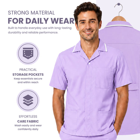 Uk Scrub Supply A man wearing a light purple short-sleeve scrub top with white piping on the collar, shown against a white background with product feature callouts and a back-view inset of the scrub set.