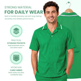 Uk Scrub Supply A man wearing a bright green short-sleeve scrub top and matching pants stands against a white background with promotional text and icons. A larger view of the scrub top appears on the right, showing a hanger and back pocket details.