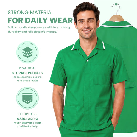 Uk Scrub Supply A man wearing a bright green short-sleeve scrub top and matching pants stands against a white background with promotional text and icons. A larger view of the scrub top appears on the right, showing a hanger and back pocket details.