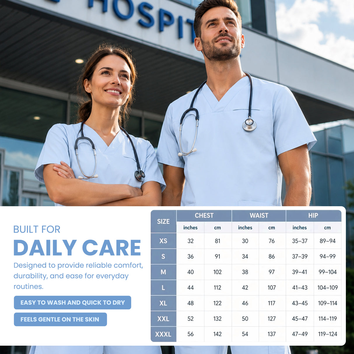 Uk Scrub Supply Two healthcare workers in light blue scrubs stand in front of a hospital building, with a size chart overlay showing chest, waist, and hip measurements for scrubs sizes XS through XXXL.