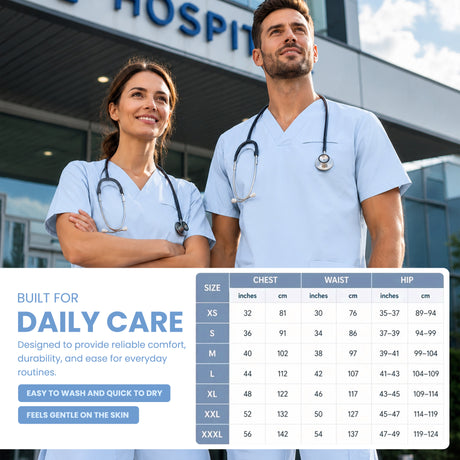 Uk Scrub Supply Two healthcare workers in light blue scrubs stand in front of a hospital building, with a size chart overlay showing chest, waist, and hip measurements for scrubs sizes XS through XXXL.