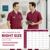 Uk Scrub Supply Two men wearing burgundy medical scrubs stand in a bright hospital hallway, with one holding a tablet. A size guide chart is shown on the right, and marketing text on the left reads 'Find Comfort in the Right Size' with options for easy care, quick drying fabric, and gentle on the skin.