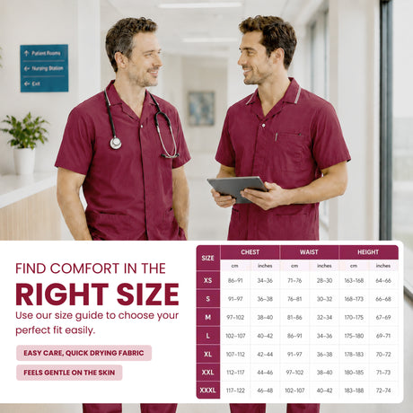 Uk Scrub Supply Two men wearing burgundy medical scrubs stand in a bright hospital hallway, with one holding a tablet. A size guide chart is shown on the right, and marketing text on the left reads 'Find Comfort in the Right Size' with options for easy care, quick drying fabric, and gentle on the skin.
