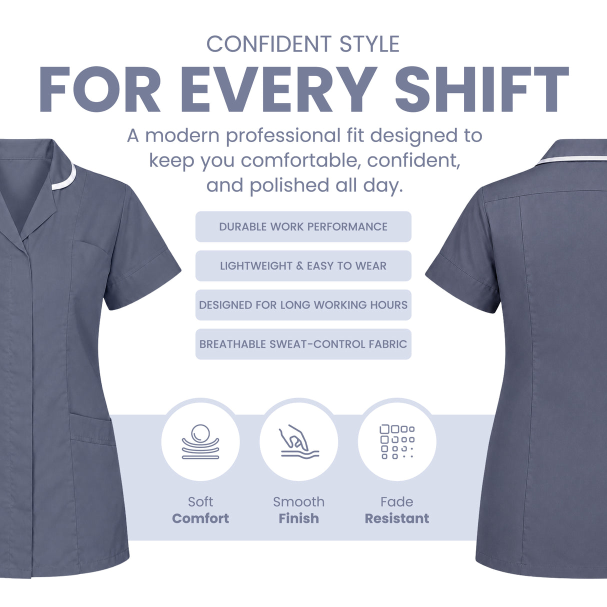 A promotional graphic for a short-sleeve scrub top showing front and back views on a white background with marketing text and feature icons. The product is a muted blue-gray scrub set with a small white contrast placket and collar trim. Women’s Medical Tunic Nursing & Healthcare Uniform UK scrub tops
scrubs clothing
nursing scrubs
medical uniforms
scrubs for sale
work scrubs
buy medical uniforms
female scrub tops
order scrubs
scrubs to purchase
cheap scrub tops
cotton scrubs uk
scrubs top
clothing scrubs
de