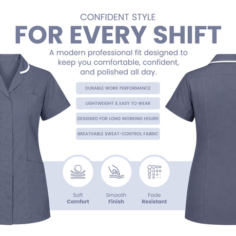 A promotional graphic for a short-sleeve scrub top showing front and back views on a white background with marketing text and feature icons. The product is a muted blue-gray scrub set with a small white contrast placket and collar trim. Women’s Medical Tunic Nursing & Healthcare Uniform UK scrub tops
scrubs clothing
nursing scrubs
medical uniforms
scrubs for sale
work scrubs
buy medical uniforms
female scrub tops
order scrubs
scrubs to purchase
cheap scrub tops
cotton scrubs uk
scrubs top
clothing scrubs
de