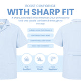 UK SCRUB SUPPLY A light blue scrub top shown from both front and back on a white background, with marketing text reading 'BOOST CONFIDENCE WITH SHARP FIT' and feature callouts including durable work performance, lightweight daily wear, comfortable long hours, sweat free experience, soft comfort, smooth finish, and fade resistant.