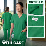 Uk Scrub Supply A woman wearing bright green V-neck scrub tops and matching scrub pants stands in a hospital-style room, with a back view inset on the left and three close-up detail panels on the right showing fabric, collar label, and pocket detail. Text reads 'CLOSE-UP' and 'CRAFTED WITH CARE.