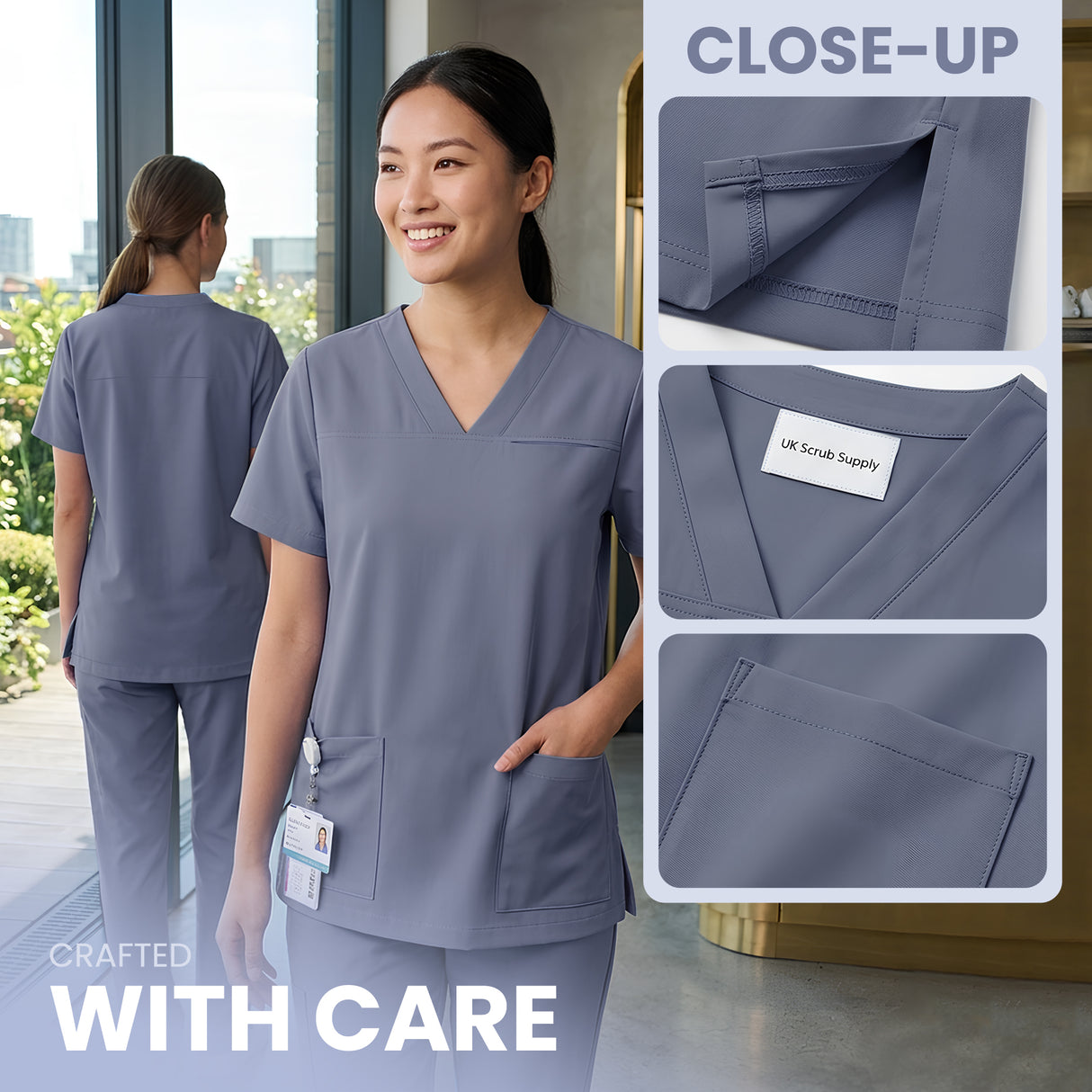 Uk Scrub SUpply A woman wearing a slate blue-gray V-neck scrub top and matching scrub pants stands indoors, with a smaller back view inset and three close-up detail panels on the right showing fabric, collar label, and pocket detail. Text reads 'CLOSE-UP' and 'CRAFTED WITH CARE.