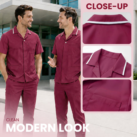 Uk Scrub Supply a men's two-piece pajama set in deep burgundy with white piping trim on the collar and cuffs, shown on a male model in an outdoor setting alongside three close-up detail panels on the right.