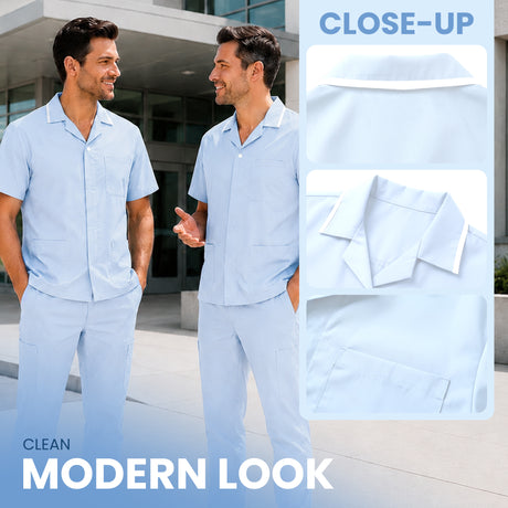 Uk Scrub Supply Two men wearing light blue short-sleeve button-front scrub-style shirts and matching pants stand outdoors in front of a modern building. The right side includes inset close-up views of the shirt collar and pocket details, with text reading 'CLOSE-UP' and 'CLEAN MODERN LOOK'.