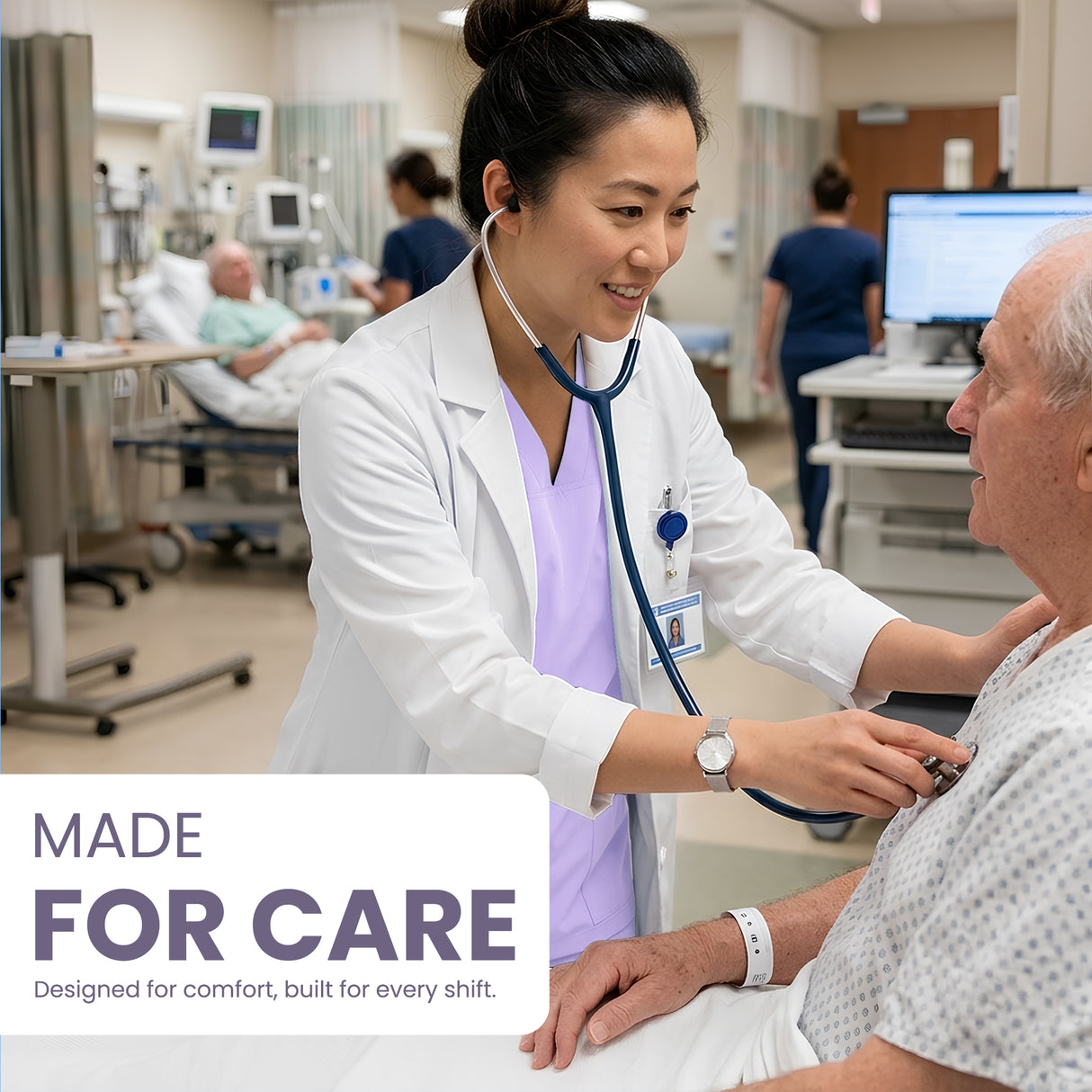 Uk Scrub Supply A healthcare worker in a white lab coat and stethoscope checks a patient's blood pressure in a hospital room. The text 'MADE FOR CARE' appears in the lower left corner.