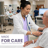 Uk Scrub Supply A healthcare worker in a white lab coat and stethoscope checks a patient's blood pressure in a hospital room. The text 'MADE FOR CARE' appears in the lower left corner.