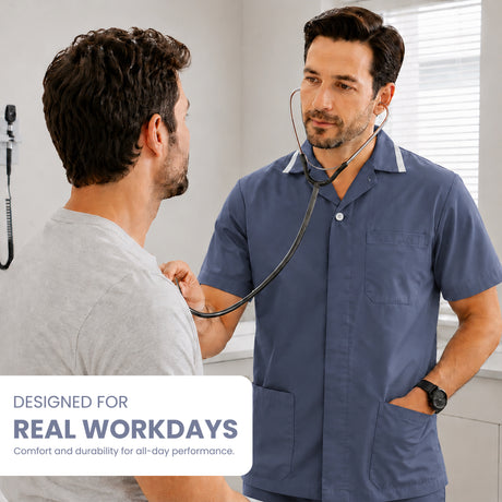 Uk Scrub Supply A man in a navy blue scrub top stands in a clinic setting with a stethoscope around his neck, speaking with another man. A white text box at the bottom left reads 'DESIGNED FOR REAL WORKDAYS Comfort and durability for all-day performance.