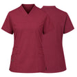 Uk Scrub Supply a women's short-sleeve V-neck scrub top shown from both the front and back views. The scrub top is a solid deep burgundy color with two front patch pockets, one of which has a metal ring detail.