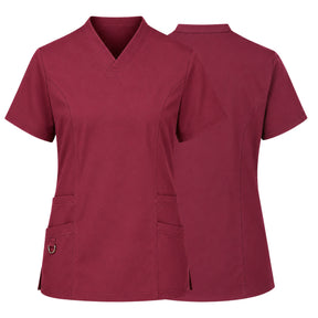 Uk Scrub Supply a women's short-sleeve V-neck scrub top shown from both the front and back views. The scrub top is a solid deep burgundy color with two front patch pockets, one of which has a metal ring detail.