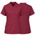 Uk Scrub Supply a women's short-sleeve V-neck scrub top shown from both the front and back views. The scrub top is a solid deep burgundy color with two front patch pockets, one of which has a metal ring detail.