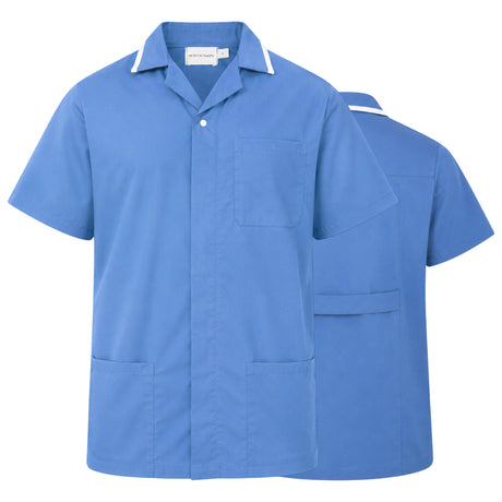 Uk Scrub Supply blue short-sleeve scrub top shown from the front and back on a plain white background.