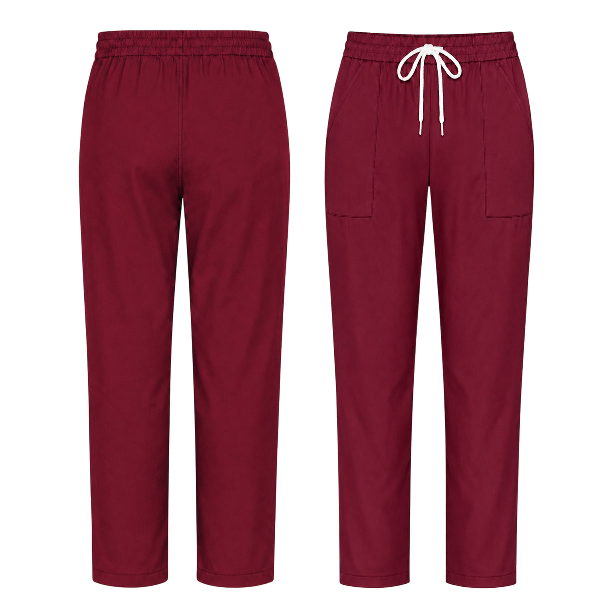 Uk Scrub Supply Front and back views of burgundy scrub pants with an elastic waistband, white drawstring, and side pockets on a plain white background.